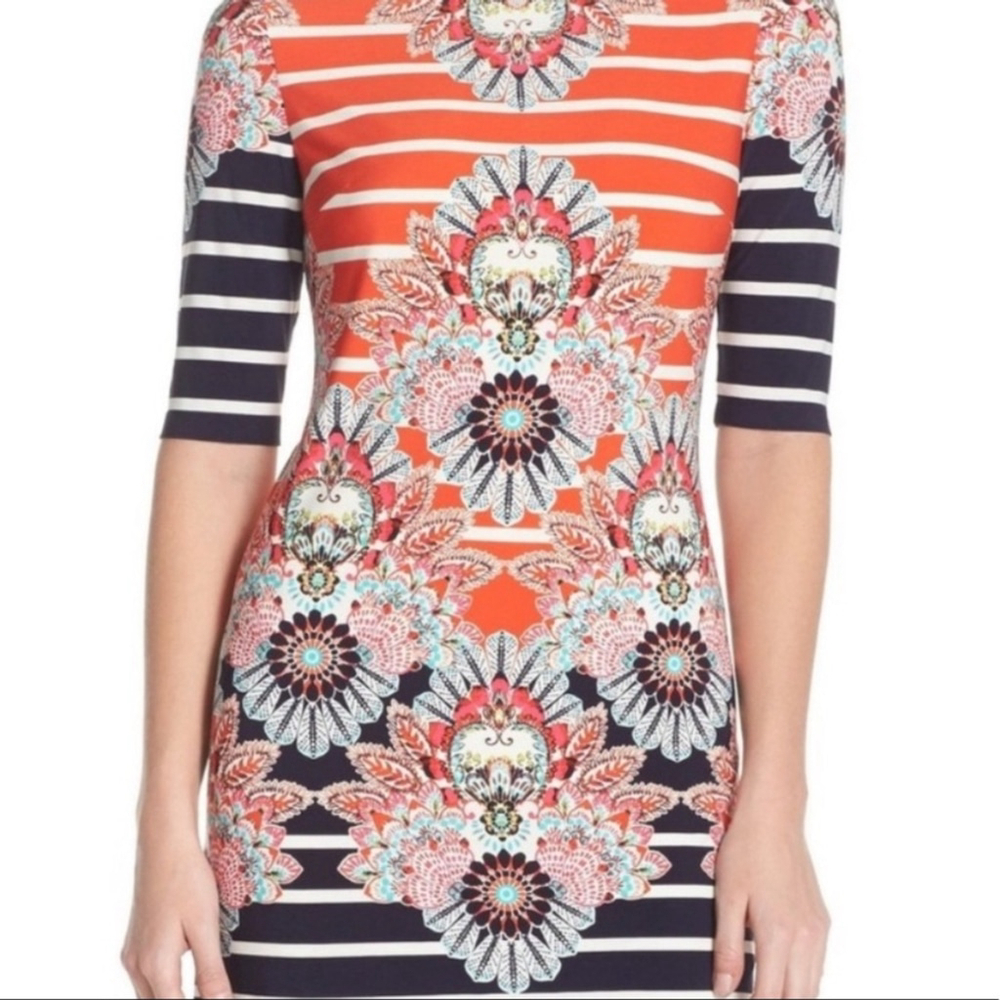 Eliza J. Navy/Orange Abstract Floral & Stripes Midi Shift - 8